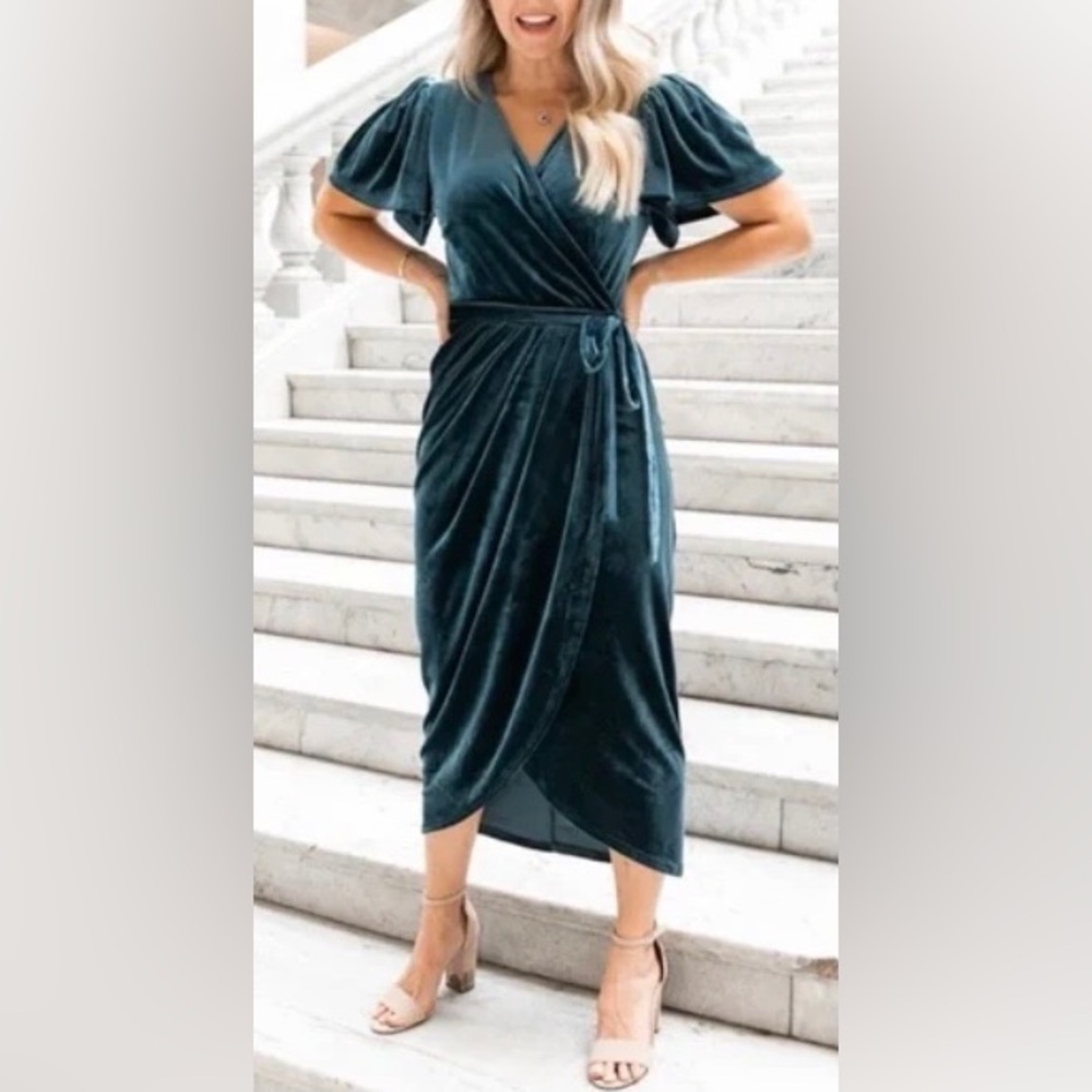 Ivy City Co. Blue Velvet Midi Dress Faux Wrap Size S